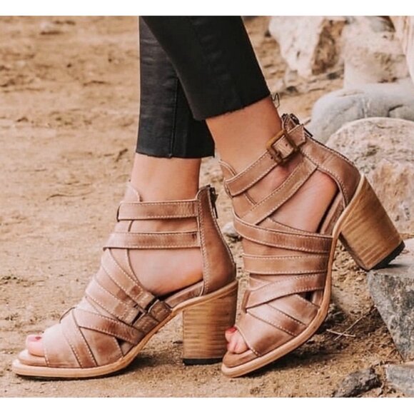 Freebird Claw Taupe Strappy Leather Distressed Heeled Sandals Tan Booties Edgy - Picture 2 of 14
